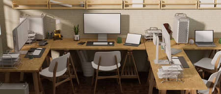 3D rendering, office room with mock-up screen computer devices and supplies on wooden table with chairs, 3D illustrationの写真素材