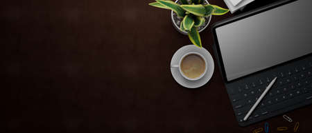 3D rendering, flat lay of workspace with tablet, accessories, coffee cup, plant pot and copy space on brown leather desk, 3D illustrationの写真素材