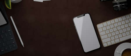 3D rendering, smartphone with mock--up screen on workspace with supplies and copy space, 3D illustrationの写真素材