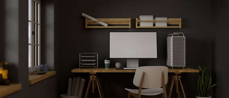 3D rendering, loft working room with computer device, office supplies, chair, shelf and decorations in the room, 3D illustrationの写真素材
