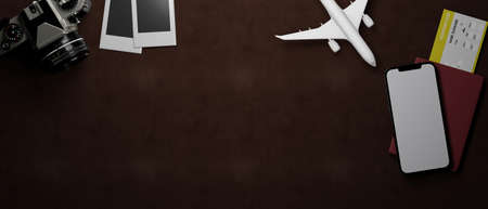 3D rendering, mobile phone with mock-up screen, travel items, camera and copy space on leather...