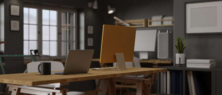 3D rendering, Loft Room Workplace Office Supplies concept, computer devices, decorations and bike in the room, 3D illustrationの写真素材