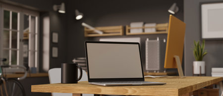 3D rendering, laptop with mock-up screen on wooden office table in contemporary office room, 3D illustrationの写真素材