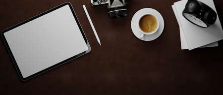3D rendering, tablet with mock-up screen on leather background with camera, coffee cup and supplies, 3D illustrationの写真素材