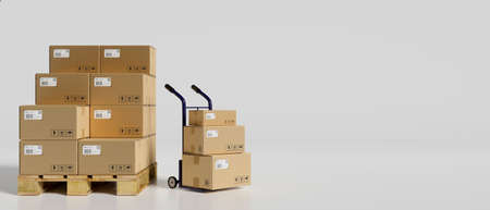 3D rendering, heap of cardboard boxes in the warehouse with a cart in white background, 3D illustrationの写真素材