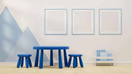 3D rendering, kid playroom interior design with blue round table, chairs mock-up frame and books shelf, 3D illustrationの写真素材