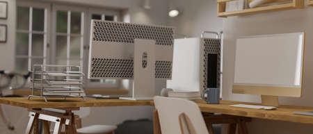 Cozy interior office room with computer devices, supplies and decorations, 3D rendering, 3D illustrationの写真素材