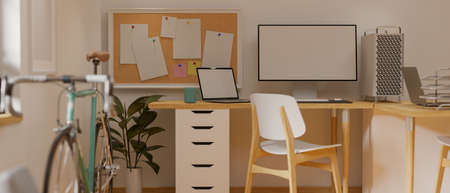 3D rendering, Cozy home office interior design with computer desk, supplies, bicycle and decorations, 3D illustrationの写真素材