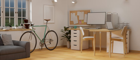 Cozy home office interior design with computer desk, supplies, bicycle, sofa and decorations, 3D rendering, 3D illustrationの写真素材