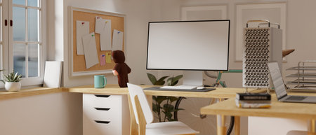 3D rendering, cozy workspace with computer, supplies and decorations beside the window in living room, 3D illustrationの写真素材