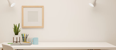 3D rendering, minimal working space with stationery and decorations on white table and mock-up frame on the wall, 3D illustrationの写真素材