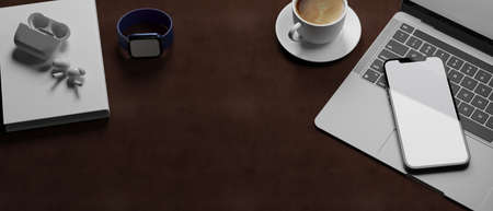 3D rendering, smartphone with mock-up screen on laptop, coffee cup, book and copy space on leather background, 3D illustrationの写真素材