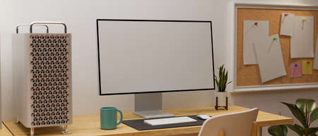 3D rendering, computer with mock-up screen the table, notice board and office supplies in the room , 3D illustrationの写真素材