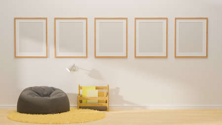 3D rendering, white reading corner interior design with mock-up frames on the wall, grey pouf, carpet and books shelf, 3D illustrationの写真素材