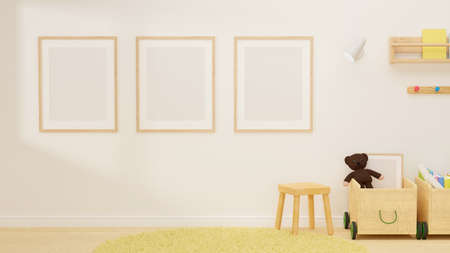 3D rendering, White children room interior design with mock-ip frame on the wall, chair and playthings in the boxes, 3D illustrationの写真素材