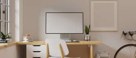 3D rendering, cozy home office interior design with computer table, supplies, decorations and bicycle, 3D illustrationの写真素材