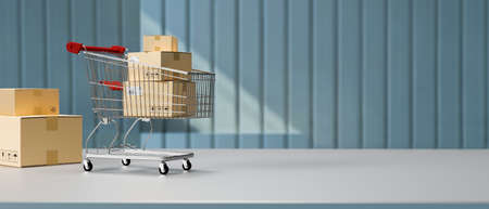 Cardboard boxes stacked in a cart at storage warehouse with blue plan wall background, 3D rendering, 3D illustrationの写真素材