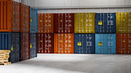 Stack of colourful containers in n storage warehouse, 3D rendering, 3D illustrationの写真素材