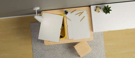 Kid room with study table and coloured pencils, top view, 3D rendering, 3D illustrationの写真素材