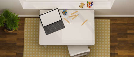 Top view of kid study table with digital tablet, paper and coloured pencils in living room, 3D rendering, 3D illustrationの写真素材