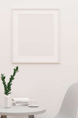 White concept relaxing corner with mock-up frame on the wall, coffee table and chair, 3D rendering, 3D illustrationの写真素材