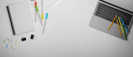 Stationery, office supplies and laptop on white table, top view, 3D rendering, 3D illustrationの写真素材