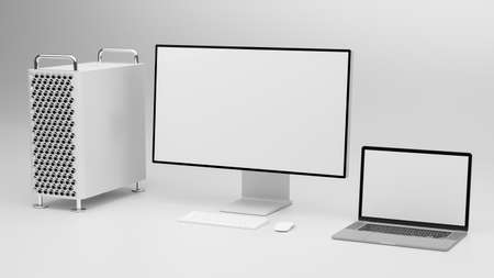 Computer and laptop with mock-up screen isolated on white background, 3D reddening, 3D illustrationの写真素材