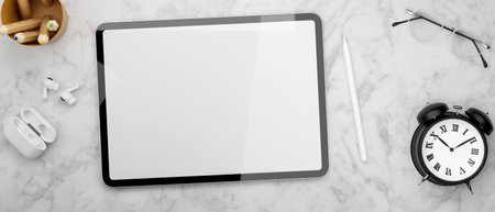 Digital tablet with mock-up screen, accessories and clock on marble desk, 3D rendering, 3D illustrationの写真素材