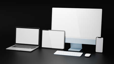 Digital devices with tablet, computer, laptop and smartphone with mock-up screen on black background, 3D rendering, 3D illustrationの写真素材