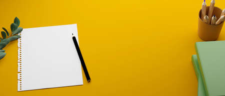 Blank paper, books and stationery, and copy space yellow table, 3D rendering, 3D illustrationの写真素材