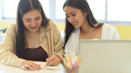 Portraits of two female students talking to each other about their group assignment in classroomの写真素材