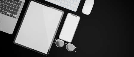Top view of black table with digital devices with mock-up screen and eyeglasses, 3D rendering, 3D illustrationの写真素材