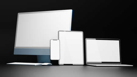 Computer devices with tablet, computer, laptop and smartphone with mock-up screen isolated on black background, 3D rendering, 3D illustrationの写真素材