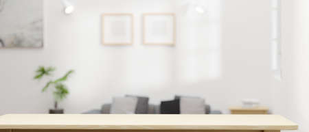 Empty wooden table in living room, wooden desk with copy space, 3D rendering, 3D illustrationの写真素材