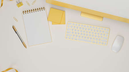 Yellow pastel computer device with accessories and stationery on white table, 3D rendering, 3D illustrationの写真素材