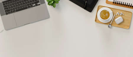Copy space on white table with laptop, stationery and coffee cup, 3D rendering, top view, 3D illustrationの写真素材