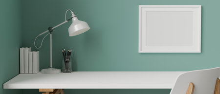 Stylish working space with stationery, books and lamp on white table and frame decorated on turquoise wall, 3D rendering, 3D illustrationの写真素材