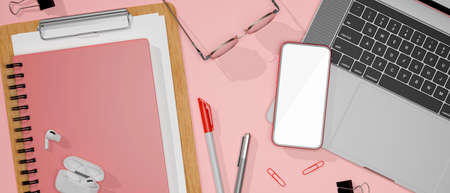 Flat lay pink study table with smartphone, laptop, glasses and stationery, 3D rendering, 3D illustrationの写真素材