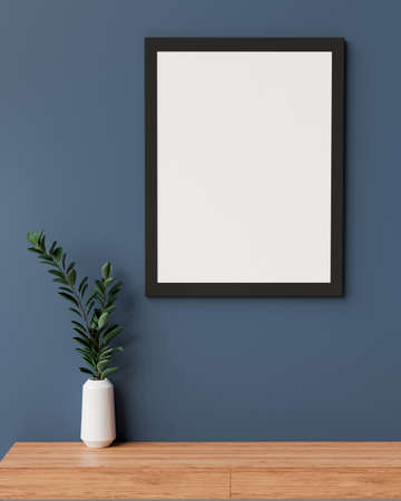 Stylish interior design with mock-up frame on blue wall and plant vase on wooden desk, 3D rendering, 3D illustrationの写真素材