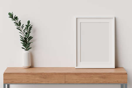 Minimal interior design with mock-up frame an plant vase on wooden table with white wall, 3D rendering, 3D illustrationの写真素材