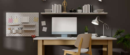 Loft working space with computer, supplies, lamp on the table and shelves decorated on the wall, 3D rendering, 3D illustrationの写真素材