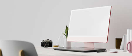Side view of pink pastel computer, drawing tablet and supplies in white room, 3D rendering, 3D illustrationの写真素材