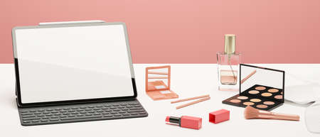Digital tablet with mock-up screen, keyboard, cosmetics and beauty items on white table, 3D rendering, 3D illustrationの写真素材