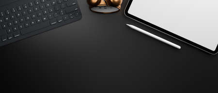 Top view of digital tablet, keyboard, stylus and clock on back table, 3D rendering, 3D illustrationの写真素材