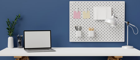 Laptop with mock-up screen on white desk in stylish office room, 3D rendering, 3D illustrationの写真素材