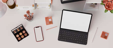 Top view of feminine workspace with digital tablet, smartphone, beauty items and cosmetics, 3D rendering, 3D illustrationの写真素材