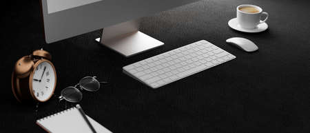 Cropped shot of dark computer desk with stationery, cup, glasses and clock, 3D rendering, 3D illustrationの写真素材