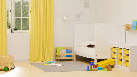 Kid bedroom interior design with bed, bookshelf, playthings, cabinets and carpet, 3D rendering, 3D illustrationの写真素材