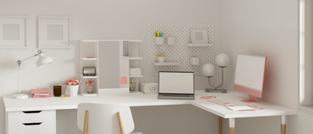 Feminine working space with computer, laptop, supplies, stationery and decorations, 3D rendering, 3D illustrationの写真素材