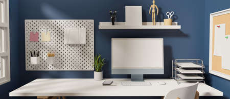 Stylish working space with computer, office supplies and decorations in the room with blue wall, 3D rendering, 3D illustrationの写真素材